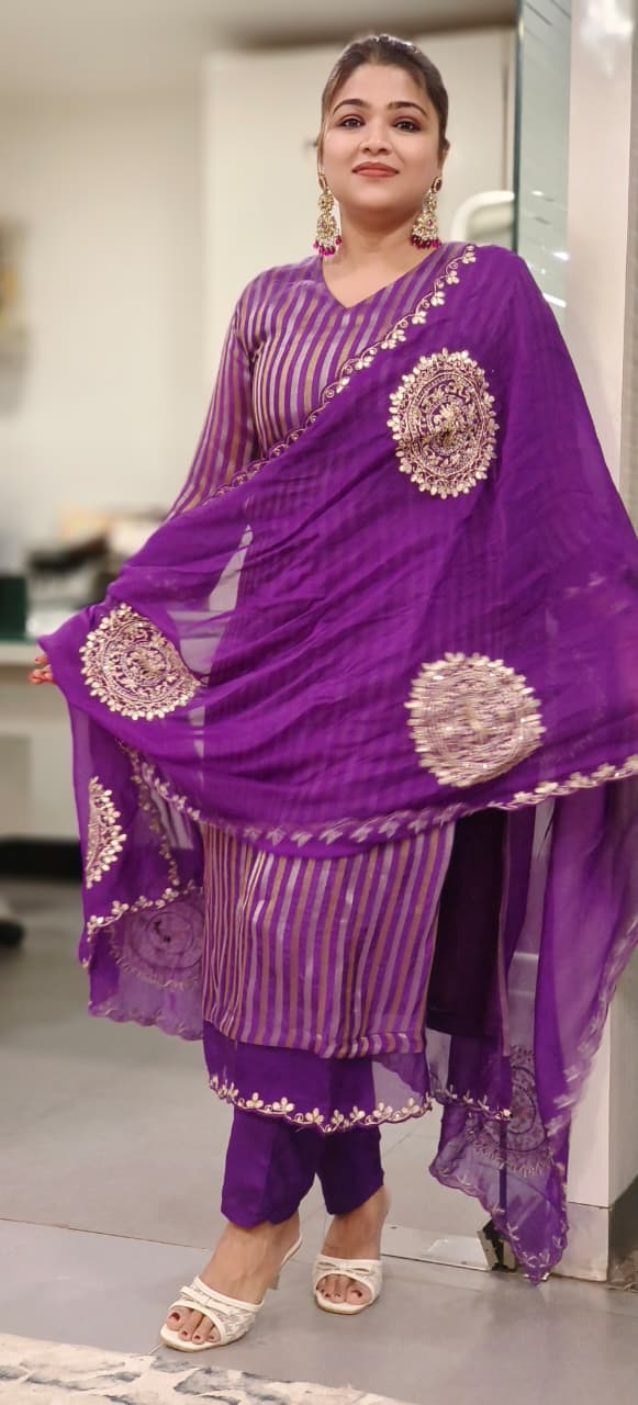 Beautiful Soft Organza Shimmer Tissue Full Kurta With Embroidered Organza Dupatta Set- 11121, 11120