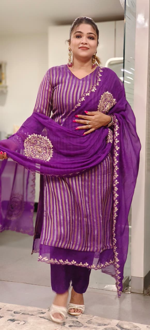 Beautiful Soft Organza Shimmer Tissue Full Kurta With Embroidered Organza Dupatta Set- 11121, 11120