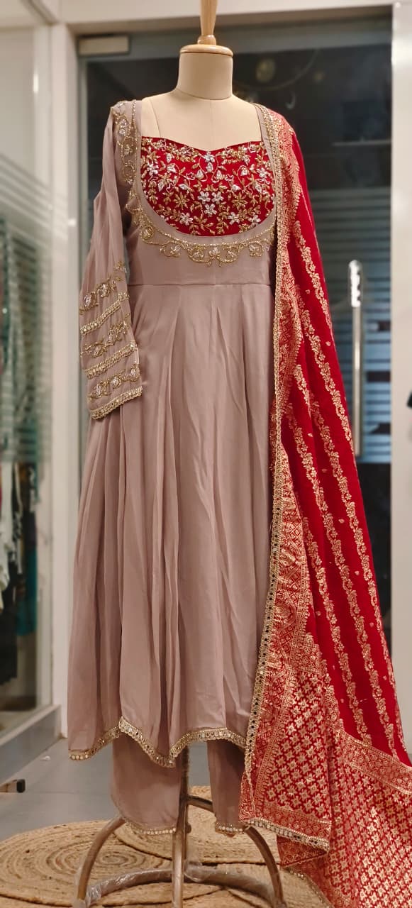 Heavily Shimmery Zari Beads Embroidered Panel Anarkali Full Suit Set With Dupatta In Georgette Fabric