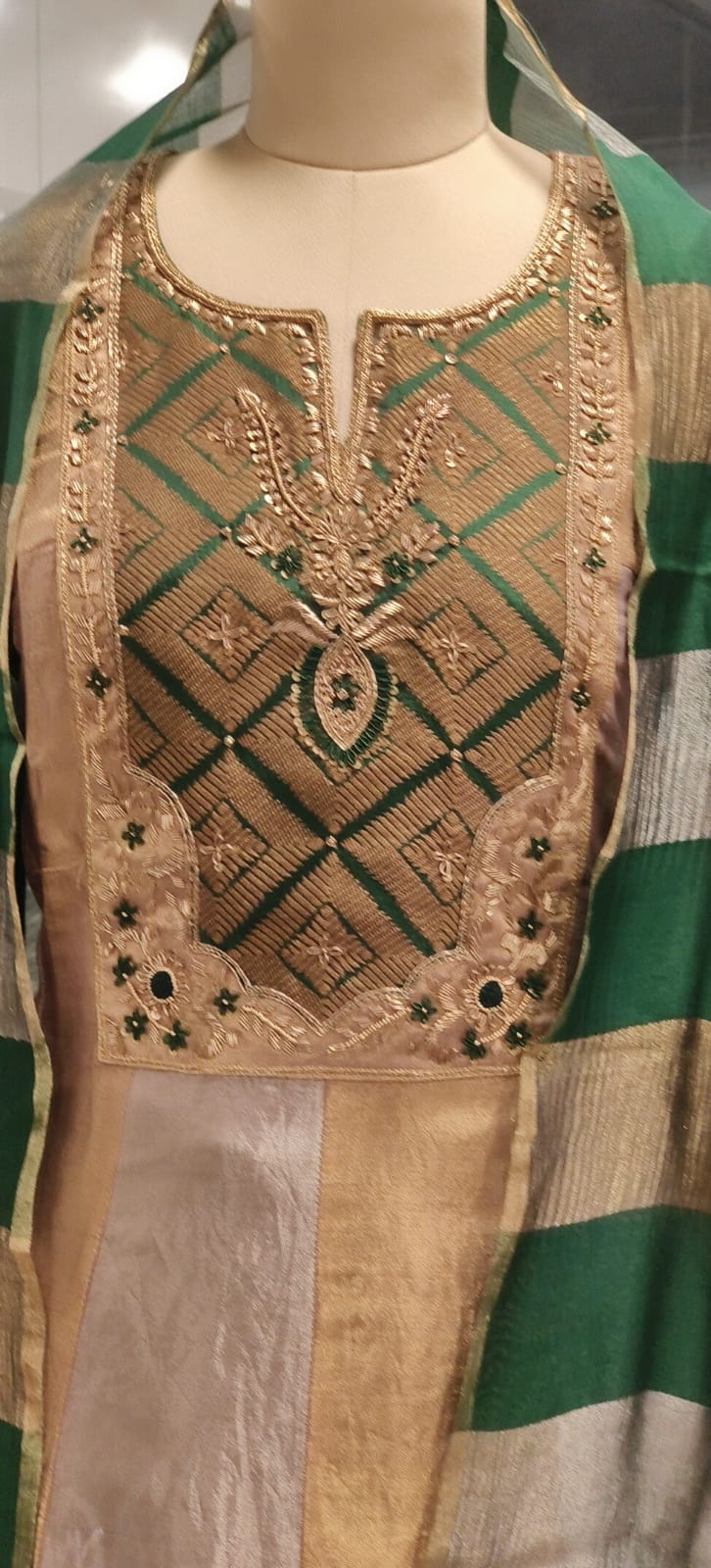 Zardosi Embroidery Golden Shimmer Anarkali Full Suit With Striped Dual Tone Dupatta In Pure Tissue Fabric With Brocade Bottom (Dispatching After 30 Days On Orders)
