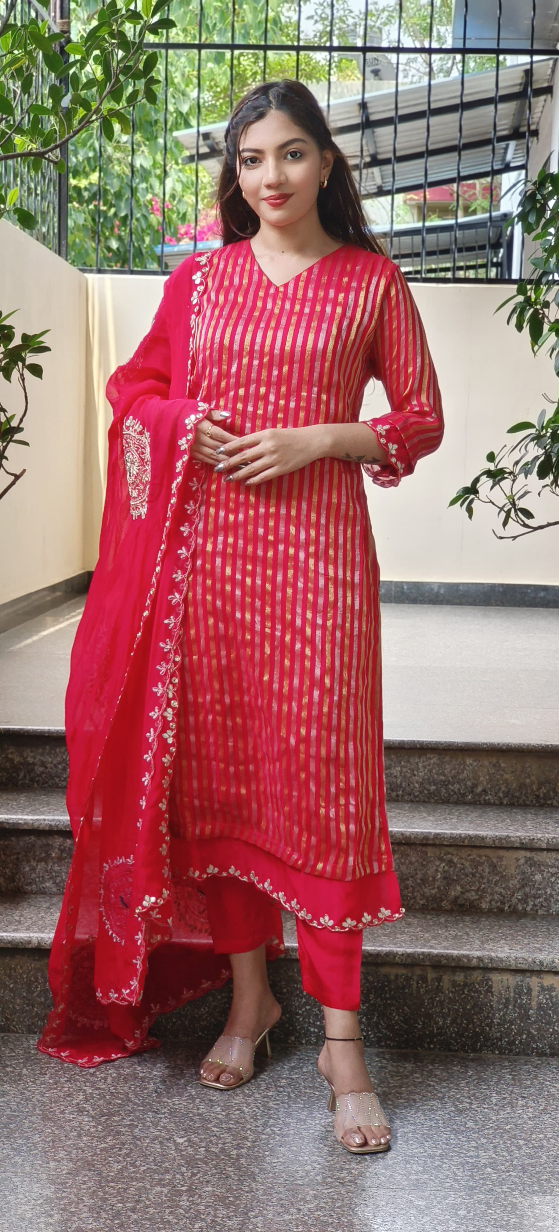 Beautiful Soft Organza Shimmer Tissue Full Kurta With Embroidered Organza Dupatta Set- 11121, 11120