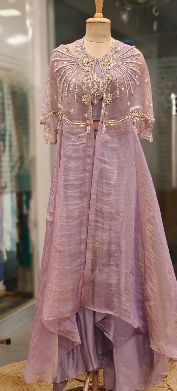 Shimmer Tissue Stylish Radiant Pearl Elegance Indo-Western Wear With Buster Drape Skirt & Cape In Tissue Fabric- 011103,011104,011105