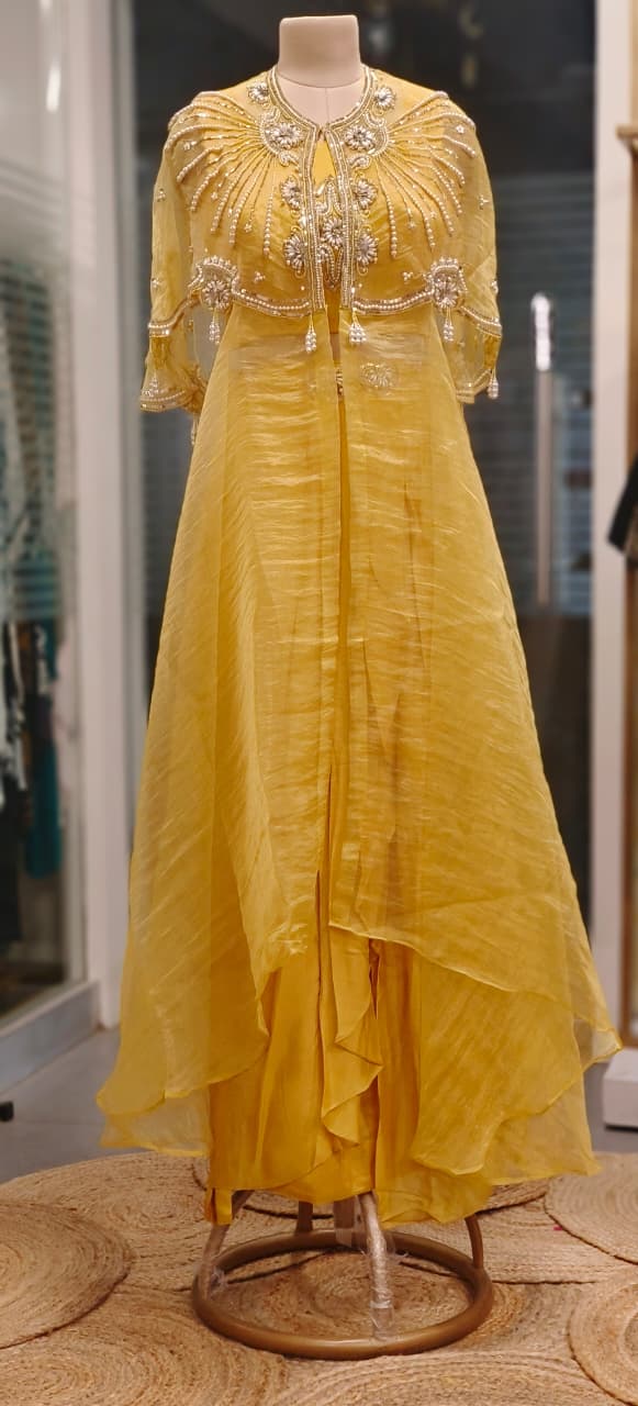 Shimmer Tissue Stylish Radiant Pearl Elegance Indo-Western Wear With Buster Drape Skirt & Cape In Tissue Fabric- 011103,011104,011105