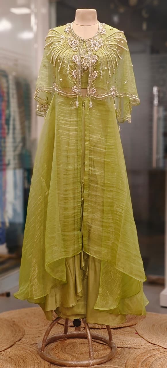 Shimmer Tissue Stylish Radiant Pearl Elegance Indo-Western Wear With Buster Drape Skirt & Cape In Tissue Fabric- 011103,011104,011105