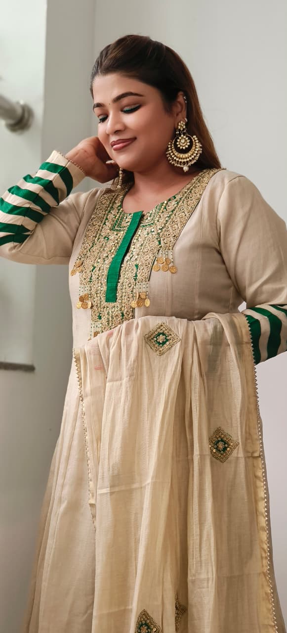 Zari Enchant Tissue Elegance Striped Sleeve Anarkali Full Suit Set With Dupatta- 11090, 11091