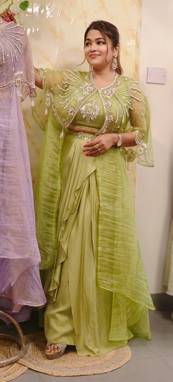 Shimmer Tissue Stylish Radiant Pearl Elegance Indo-Western Wear With Buster Drape Skirt & Cape In Tissue Fabric- 011103,011104,011105