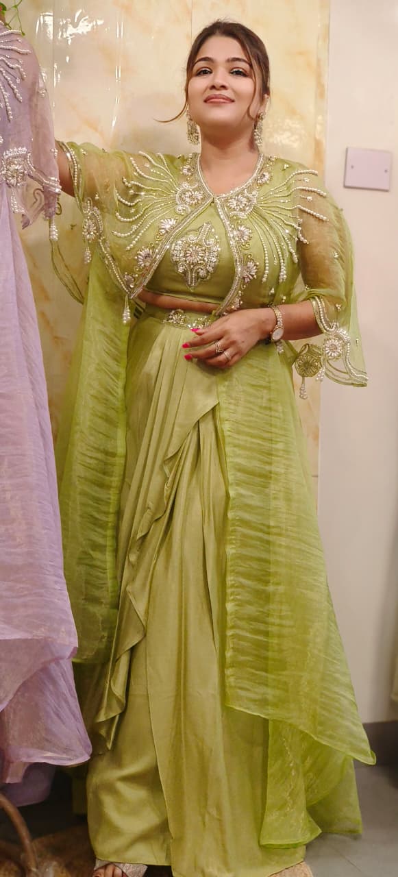 Shimmer Tissue Stylish Radiant Pearl Elegance Indo-Western Wear With Buster Drape Skirt & Cape In Tissue Fabric- 011103,011104,011105