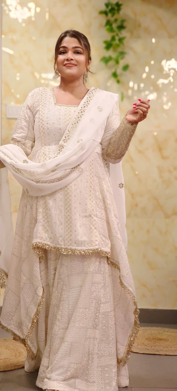Pure Chikankari White In Golden Touch High Low Kurta With Loose Palazzo Bottom & Dupatta In Pure Georgette Fabric 011106 (Dispatching After 30 Days On Order)