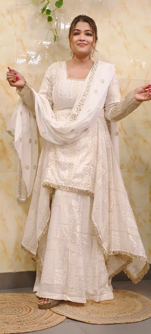 Pure Chikankari White In Golden Touch High Low Kurta With Loose Palazzo Bottom & Dupatta In Pure Georgette Fabric 011106 (Dispatching After 30 Days On Order)
