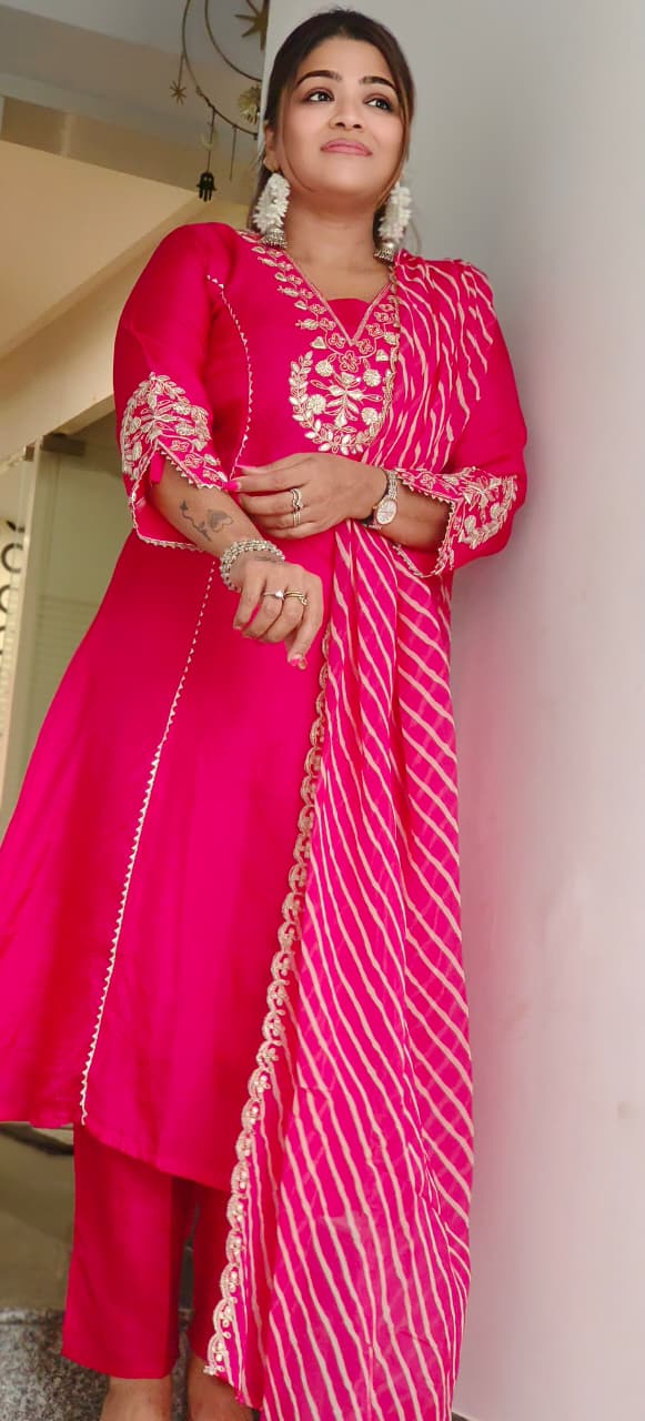 Embroidered Festive Elegance A-Line Full Suit Set With Striped Dupatta In Silk Fabric- 11044,45,46,47