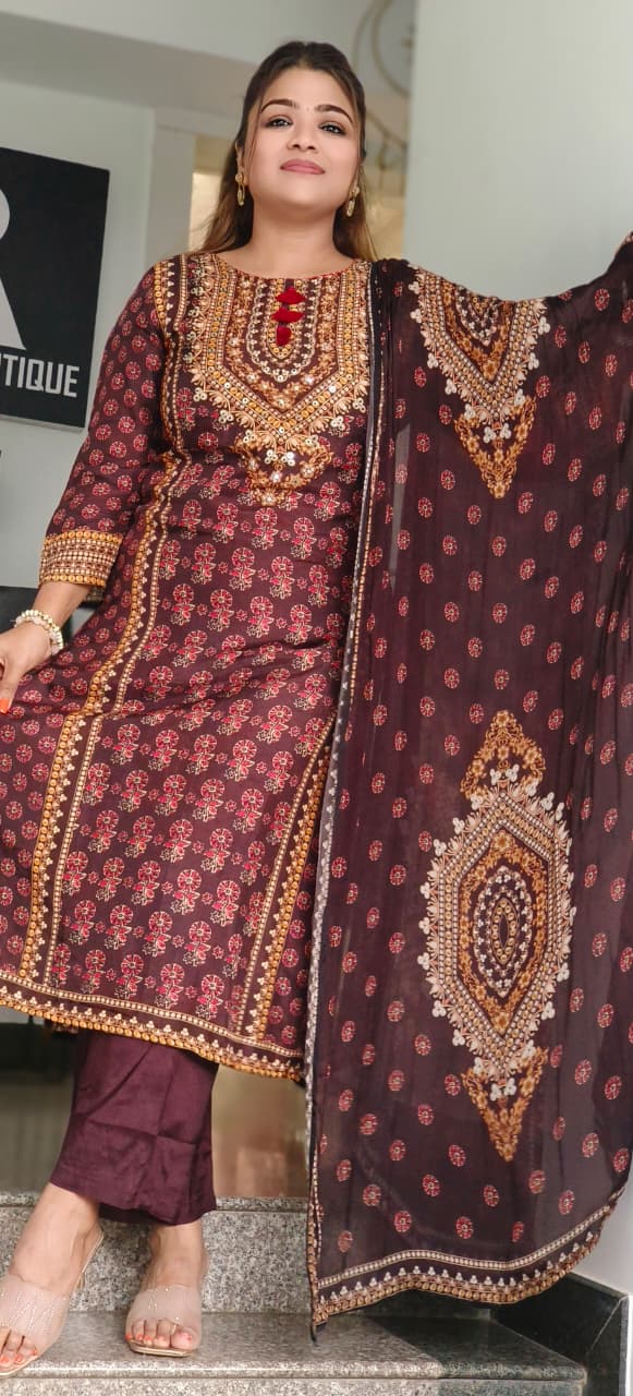 Traditional Print Front Tasseled Neck Full Suit Set With Dupatta In Dola Silk Fabric- 11192