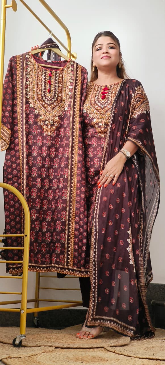 Traditional Print Front Tasseled Neck Full Suit Set With Dupatta In Dola Silk Fabric- 11192