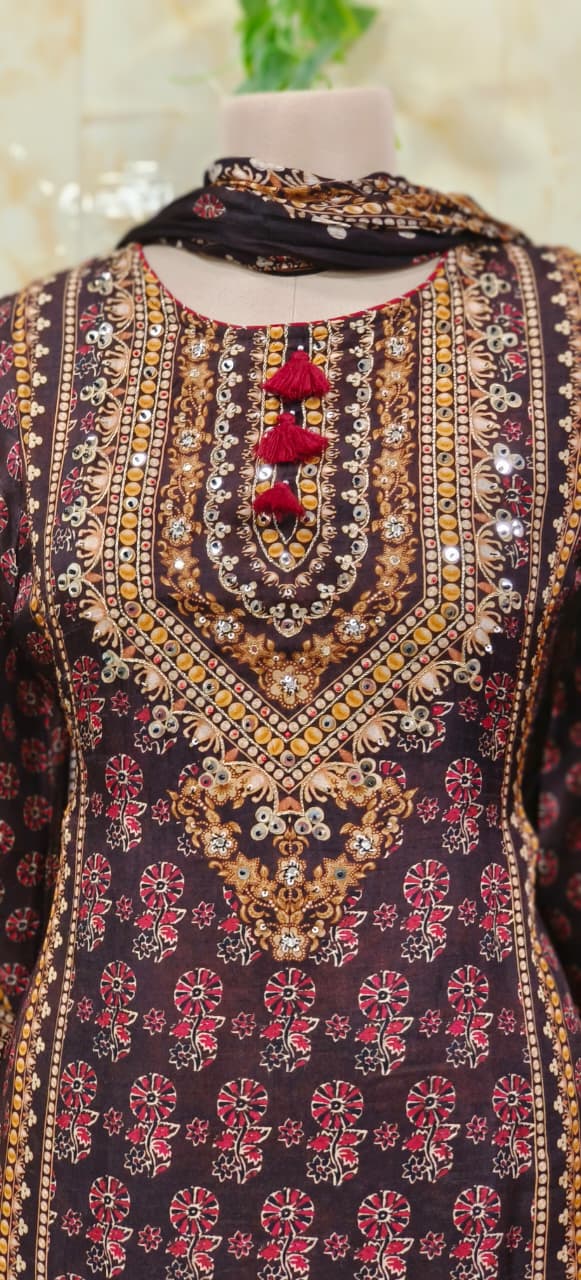 Traditional Print Front Tasseled Neck Full Suit Set With Dupatta In Dola Silk Fabric- 11192