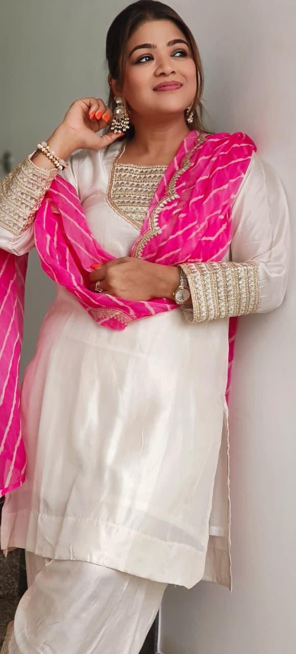 White Elegance Golden Touch Dola Silk Full Suit Set With Leheriya Organza Dupatta & Farsi Bottom- 11299