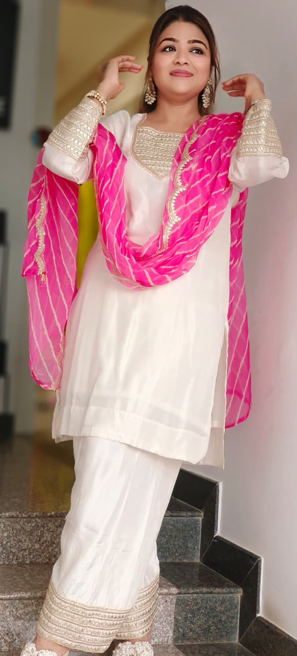 White Elegance Golden Touch Dola Silk Full Suit Set With Leheriya Organza Dupatta & Farsi Bottom- 11299