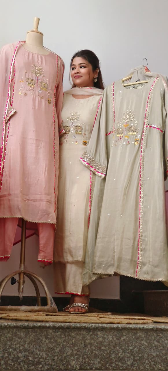 Real Mirror Elegant A-Line Full Suit Set With Dupatta In Tissue Fabric- 11322, 11323, 11324