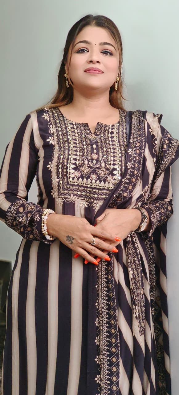 Beautifully Yoked Gotta Work Striped Full Suit Set With Dupatta In Crepe Fabric- 11300