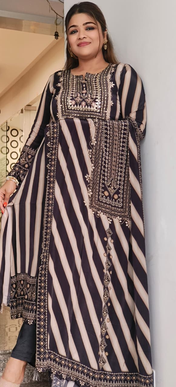 Beautifully Yoked Gotta Work Striped Full Suit Set With Dupatta In Crepe Fabric- 11300