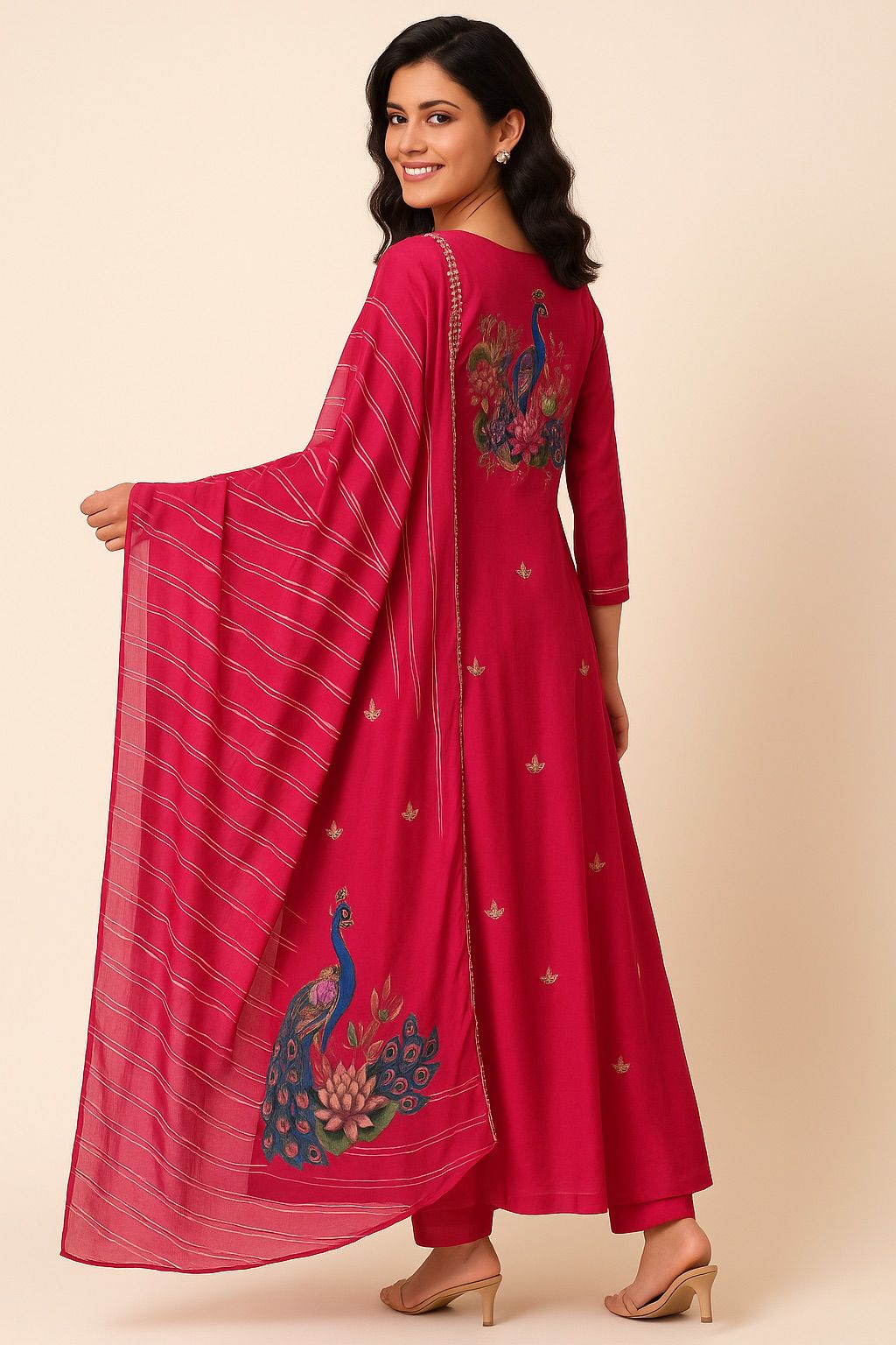 Sequence Plated Bordered Yoke A-Line Full Suit Set With Peacock Prints In Dupatta & Back In Dola Silk Fabric- 11028