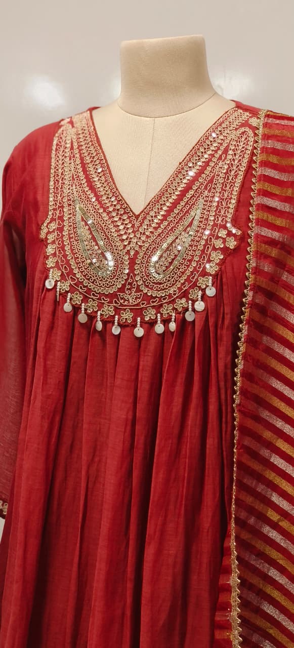 Handwork A-Line Mul Chanderi Full Suit Set With Dupatta- 10511
