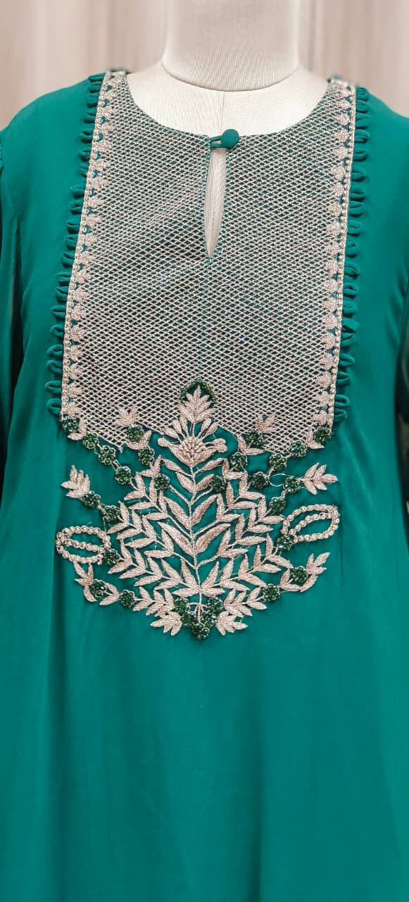 Pure Georgette Zari Zig-Zag Embroidered Yoke High Low Kurta With Loose Palazzo Pant- 11305