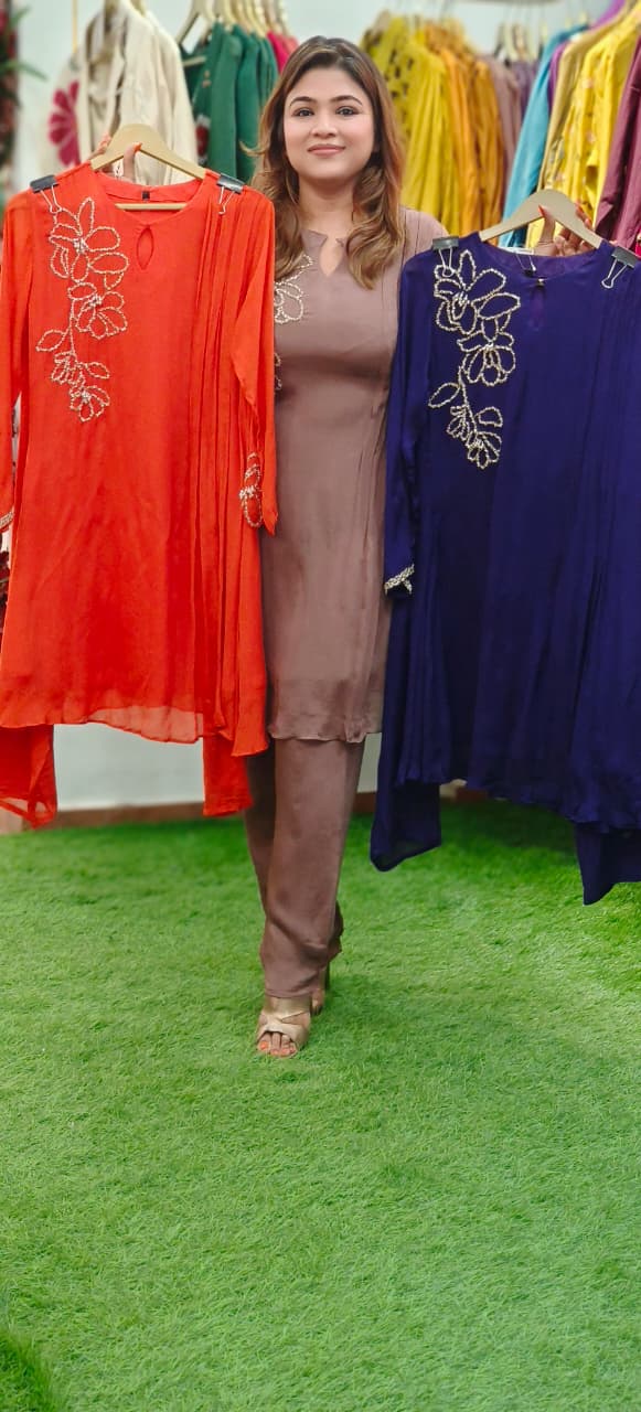 Very Elegant Minimal Work Solid A-Line Kurta Pant Set In Chinon Fabric- 11227