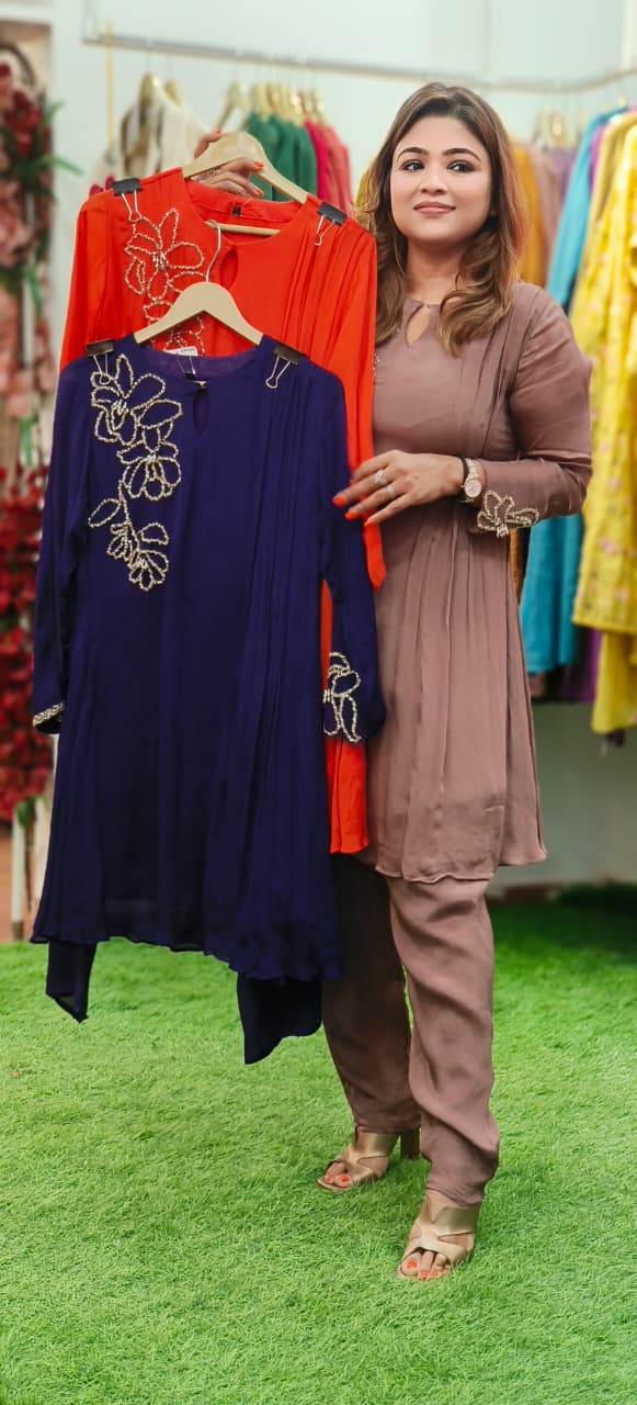 Very Elegant Minimal Work Solid A-Line Kurta Pant Set In Chinon Fabric- 11227