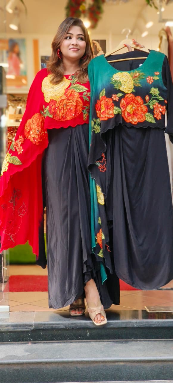 Blooming Floral Patch High Low Outer Attached Top With Drape Skirt In Crepe Fabric- 11291