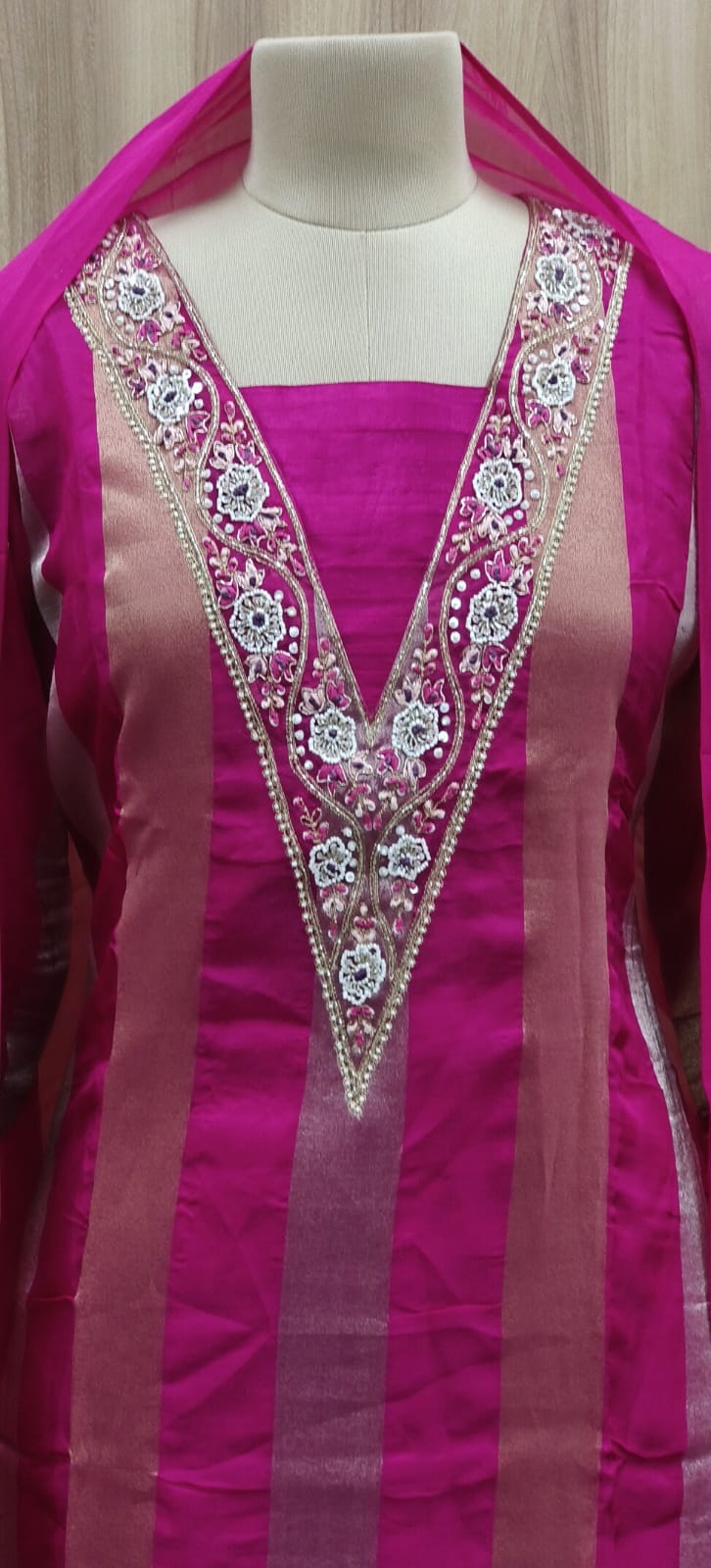 Beautiful V-Neck Hand Embroidered Shimmer Striped Full Suit Set With Dupatta- 10901 & 10902