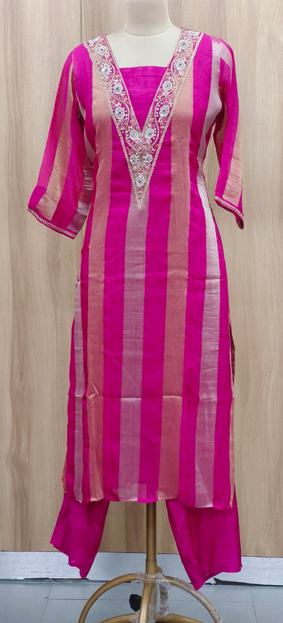 Beautiful V-Neck Hand Embroidered Shimmer Striped Full Suit Set With Dupatta- 10901 & 10902