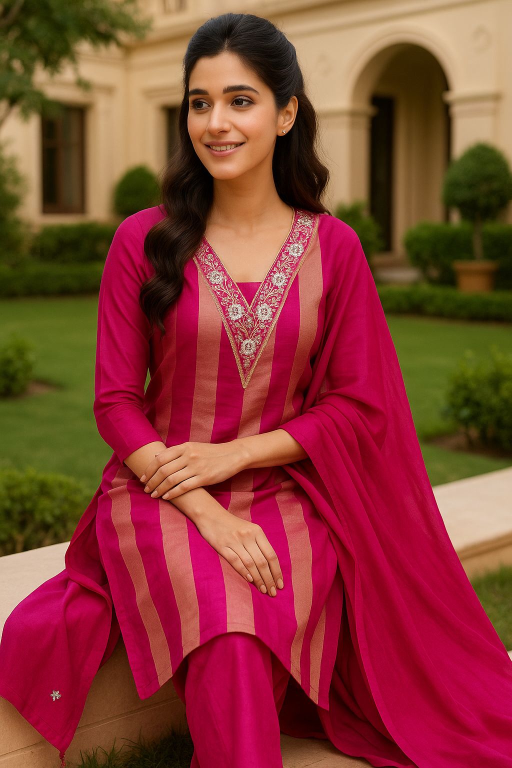 Beautiful V-Neck Hand Embroidered Shimmer Striped Full Suit Set With Dupatta- 10901 & 10902