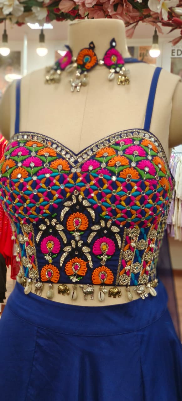 Royal Blue Flared Skirt & Multicolour Embroidered Crop Top With Choker Dupatta Set