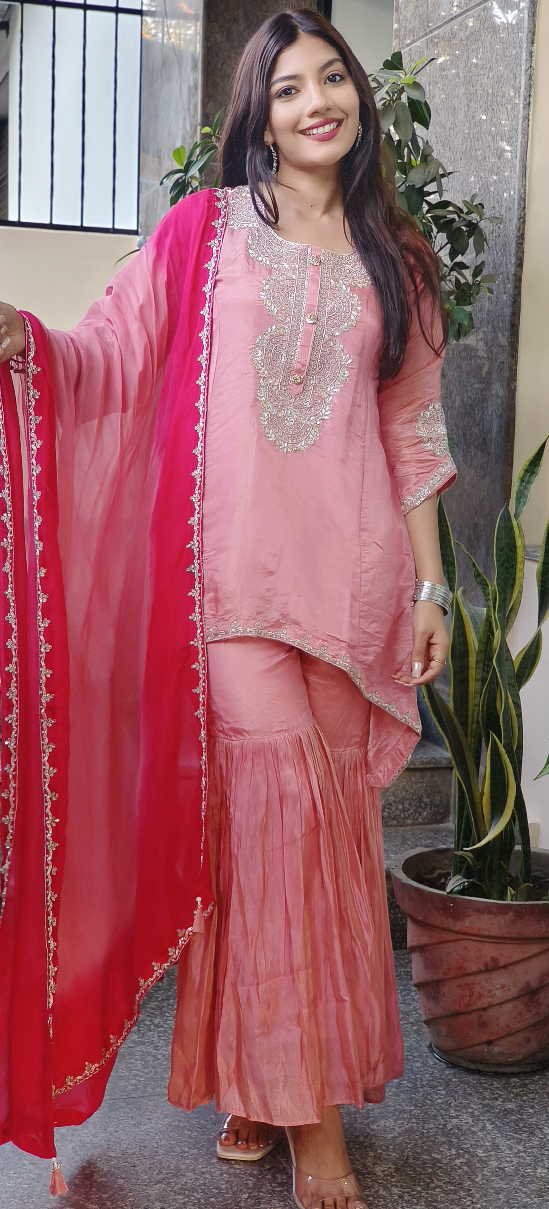 Designer Party Wear Shimmer Tissue High-Low Embroidered Kurta with Stylish Flared Bottom