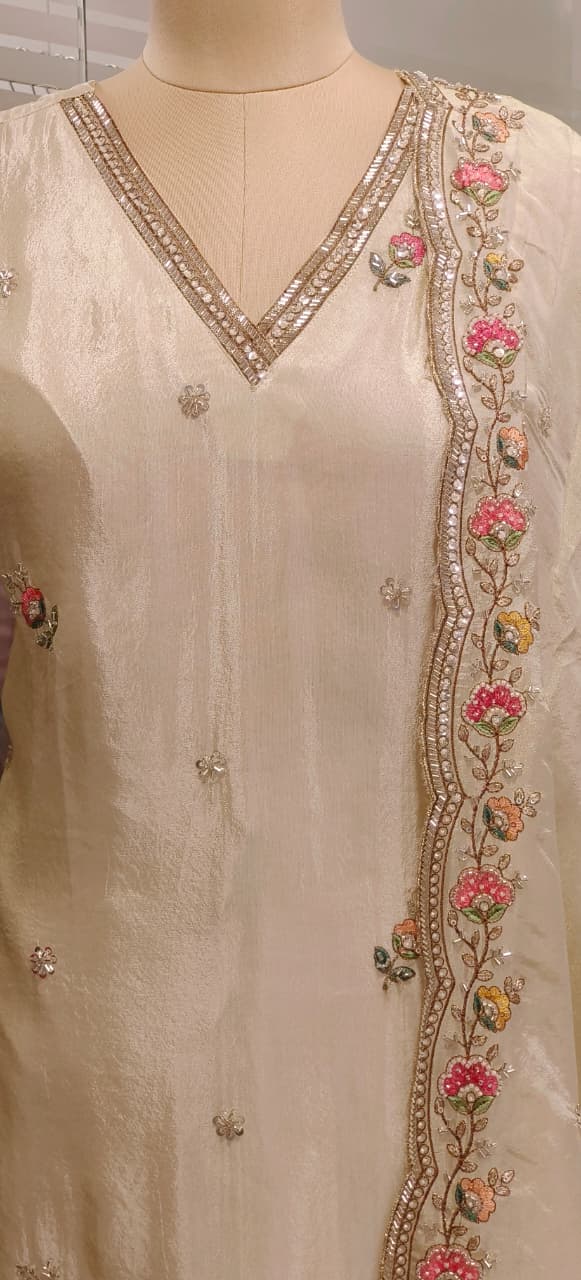 Ivory Blossom Hand-Embroidered Full Suit Set With Dupatta & Loose Palazzo Bottom In Tissue Fabric- 11357
