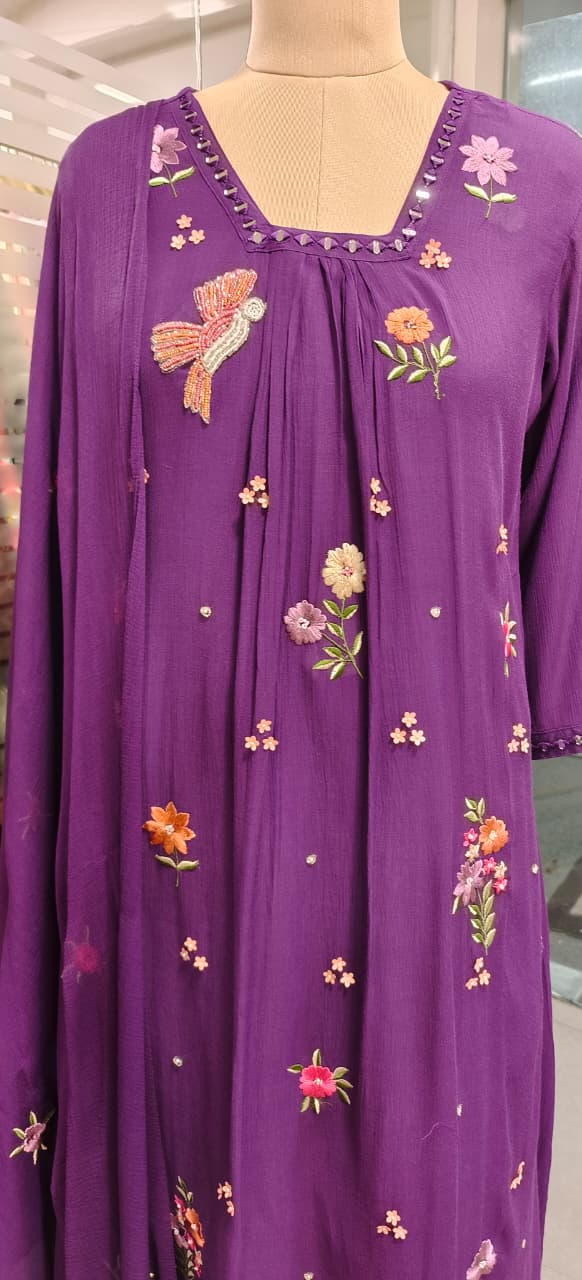 Pearl Bird & Floral Thread Embroidered A-Line Full Suit Set With Dupatta In Chinon Fabric- 11354