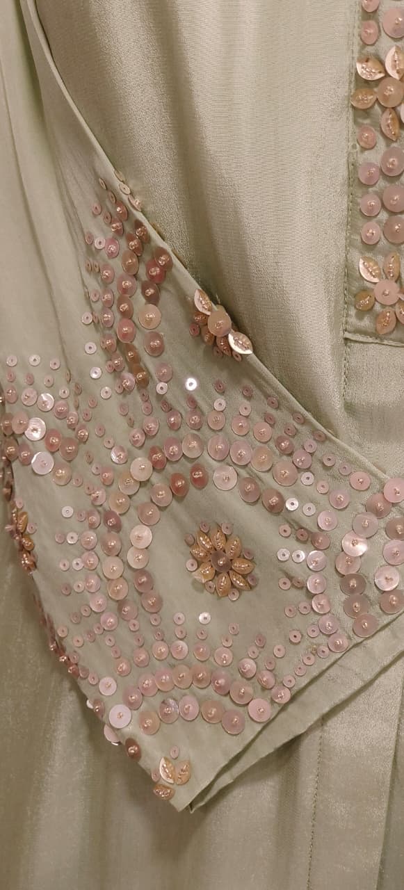 Half Rounded Foil Work Sleeve Decent Look Solid A-Line Long Kurta Pant Set