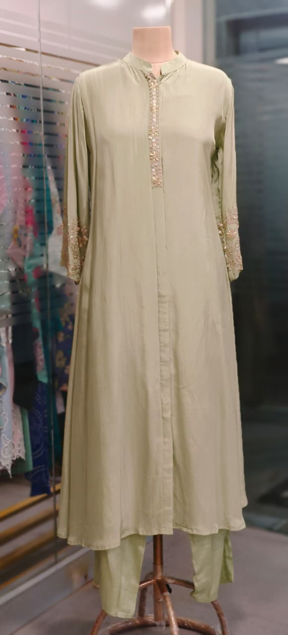 Half Rounded Foil Work Sleeve Decent Look Solid A-Line Long Kurta Pant Set