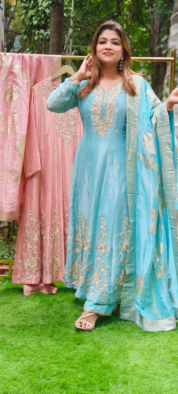 Tiny Spiral Beads Beautiful Handwork Premium Panel Anarkali Full Suit Set With Dupatta In Pure Tissue Fabric- 11380,