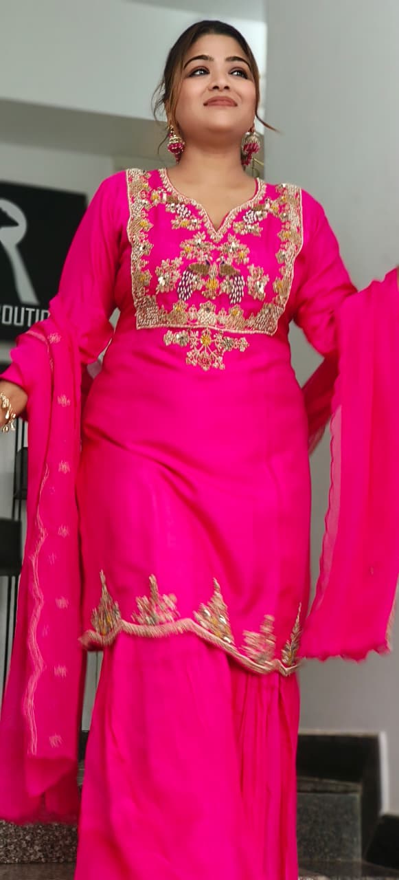 Luxury Dola Silk Hand-Embroidered Rich Detailing Sharara Full Suit Set With Dupatta- 11437, 11436, 11438