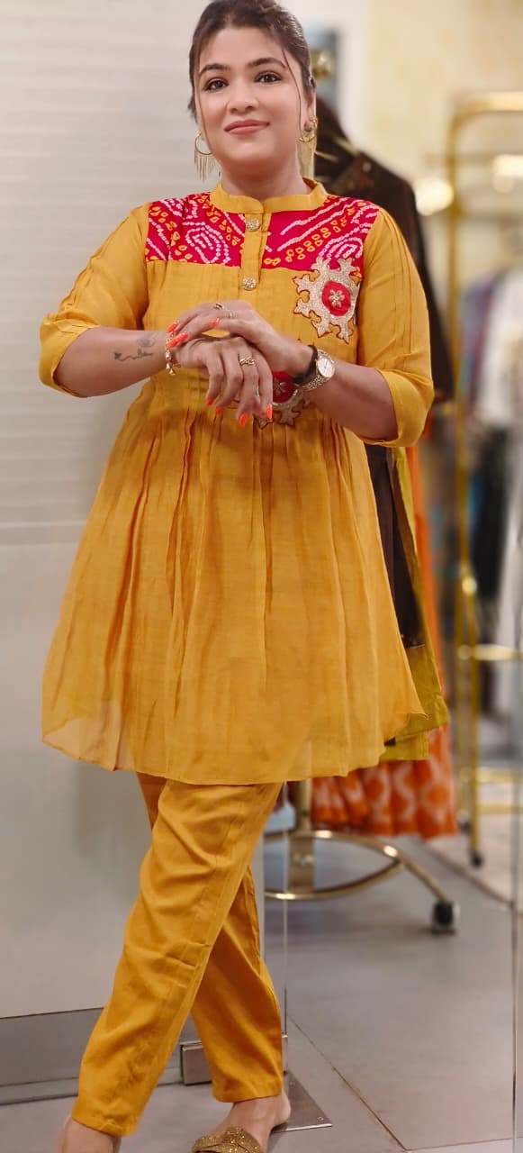 Vibrant Mul Chanderi Co-Ord Set With Bandhej Yoke & Embroidered Detailing- 11408, 11409