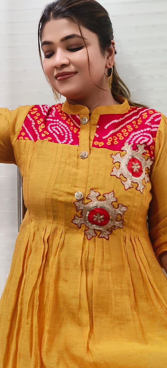 Vibrant Mul Chanderi Co-Ord Set With Bandhej Yoke & Embroidered Detailing- 11408, 11409