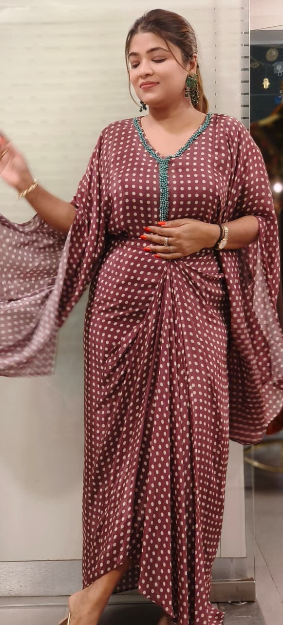 Tiny Pearl Bordered Polka Dotted Indo-Western Loose Balloon Top With Drape Skirt In Crepe Fabric- 11367