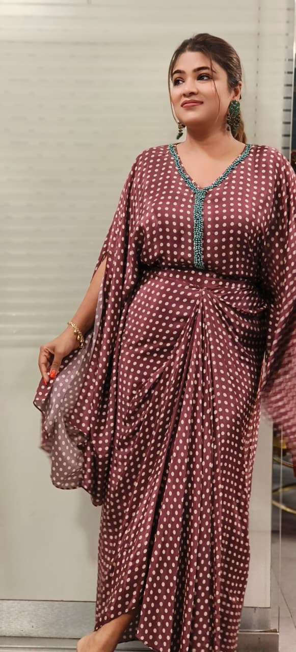 Tiny Pearl Bordered Polka Dotted Indo-Western Loose Balloon Top With Drape Skirt In Crepe Fabric- 11367