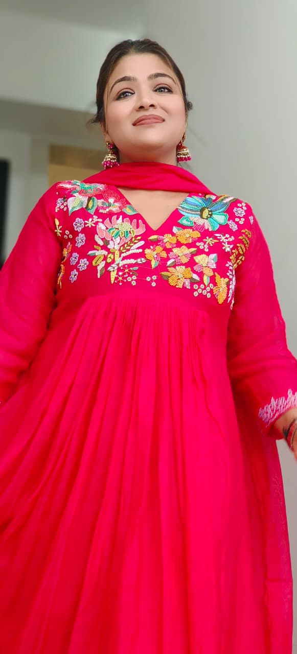 Beads Cut Dana Embroidered Yoke Mul-Chanderi A-Line Full Suit Set With Dupatta