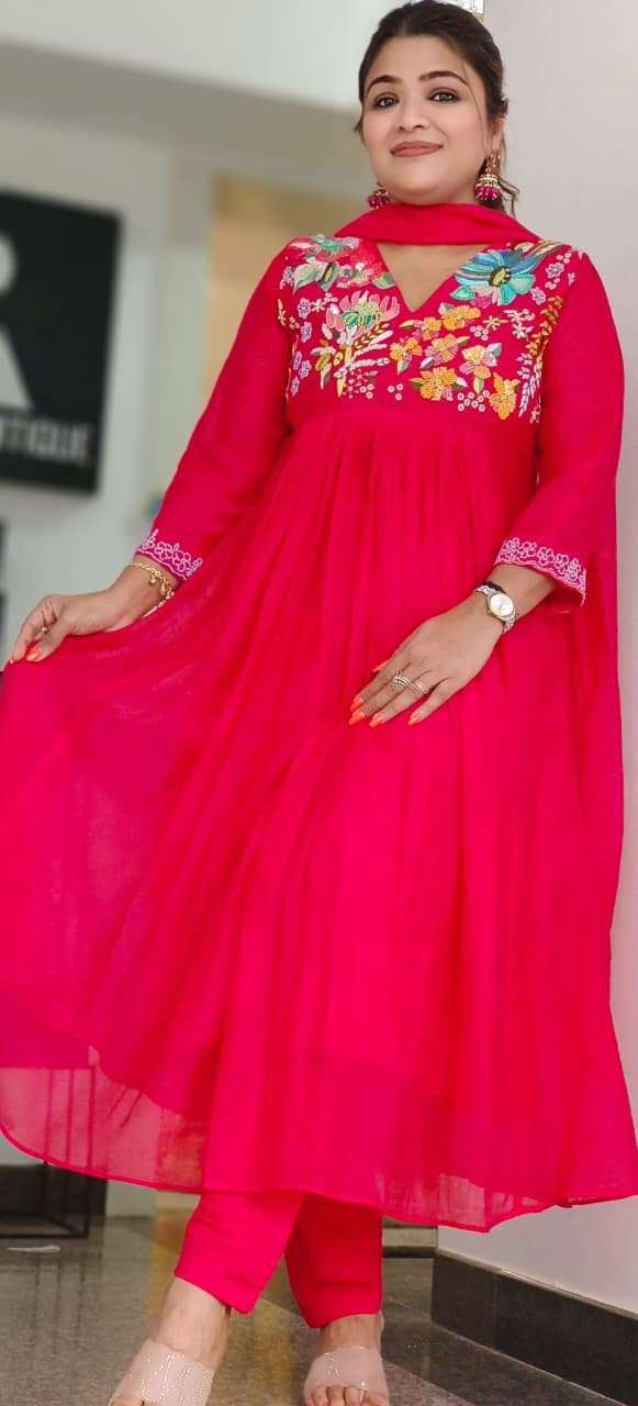 Beads Cut Dana Embroidered Yoke Mul-Chanderi A-Line Full Suit Set With Dupatta