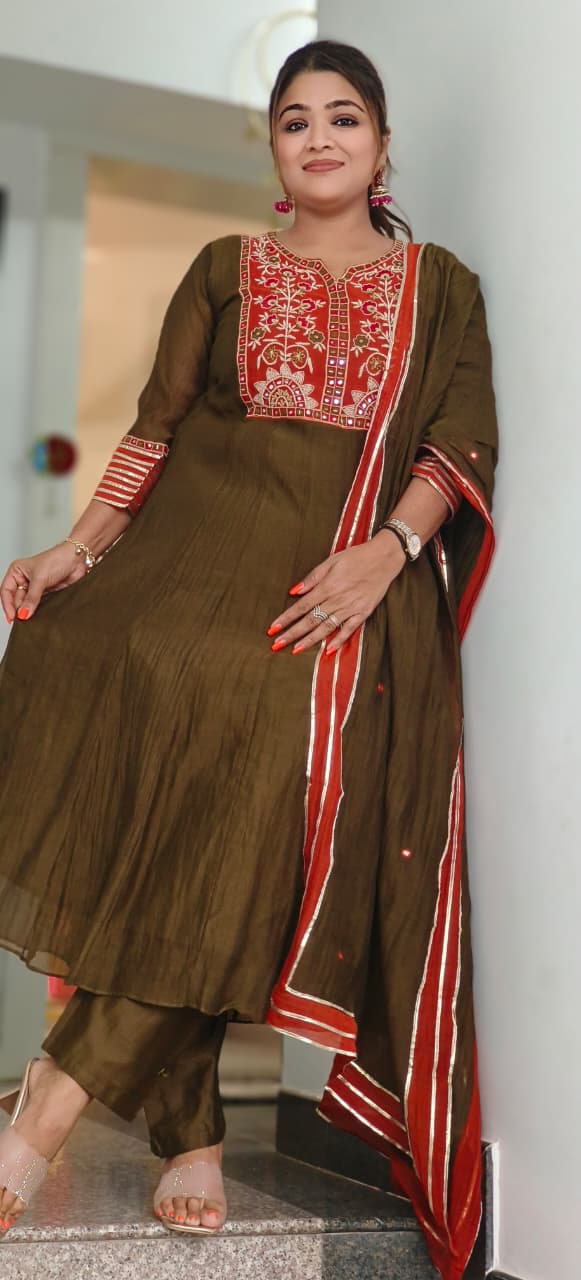 Premium Mul Chanderi Intricate Mirror Hand Embroidery A-Line Full Suit Set With Dupatta- 11429, 11430, 11431