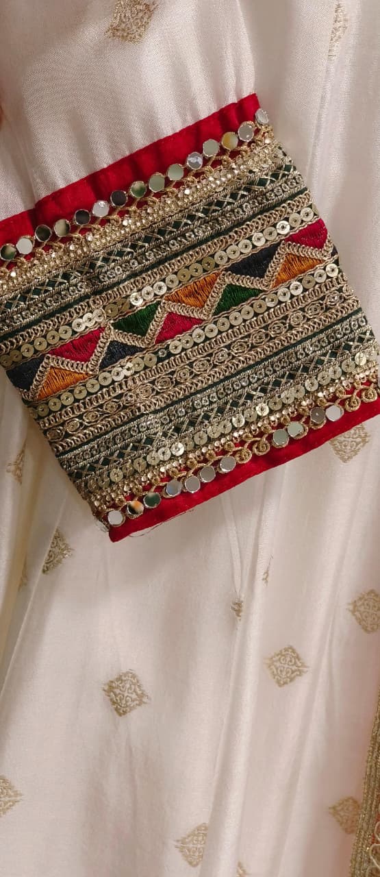 Banarasi Touch Real Mirror Beautiful Multicolor Bordered Detailing V-Neck Panel Anarkali Full Suit Set With Colorful Dupatta In Dola Silk Fabric- 11350