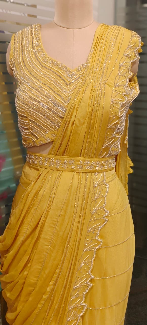 Sequenced Heavy Hand Worked Padded Blouse With Cutdana Cut Work Drape Saree In Chinon Fabric & Separate Belt- 11566, 11568