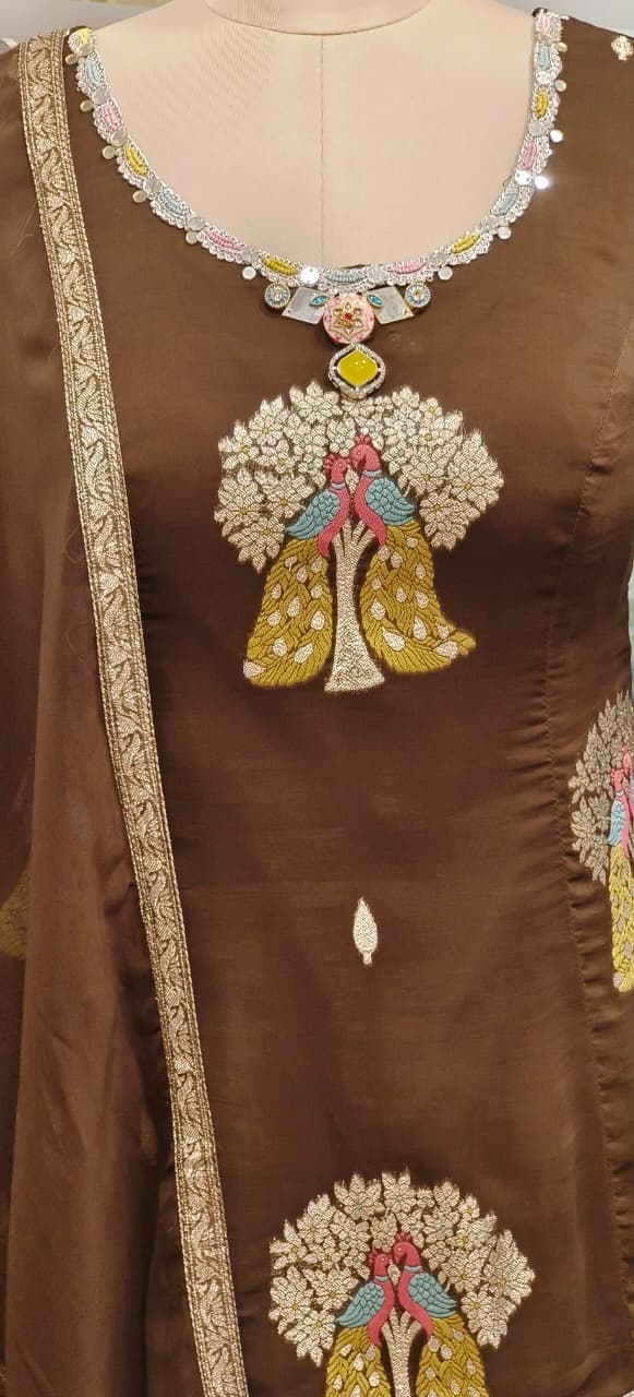 Twin Peacock Brocade Designed Unique Neck Handwork Full Suit Set With Dupatta & Skirt Bottom(Cane-Cane Inside) In Organza Fabric- 11539