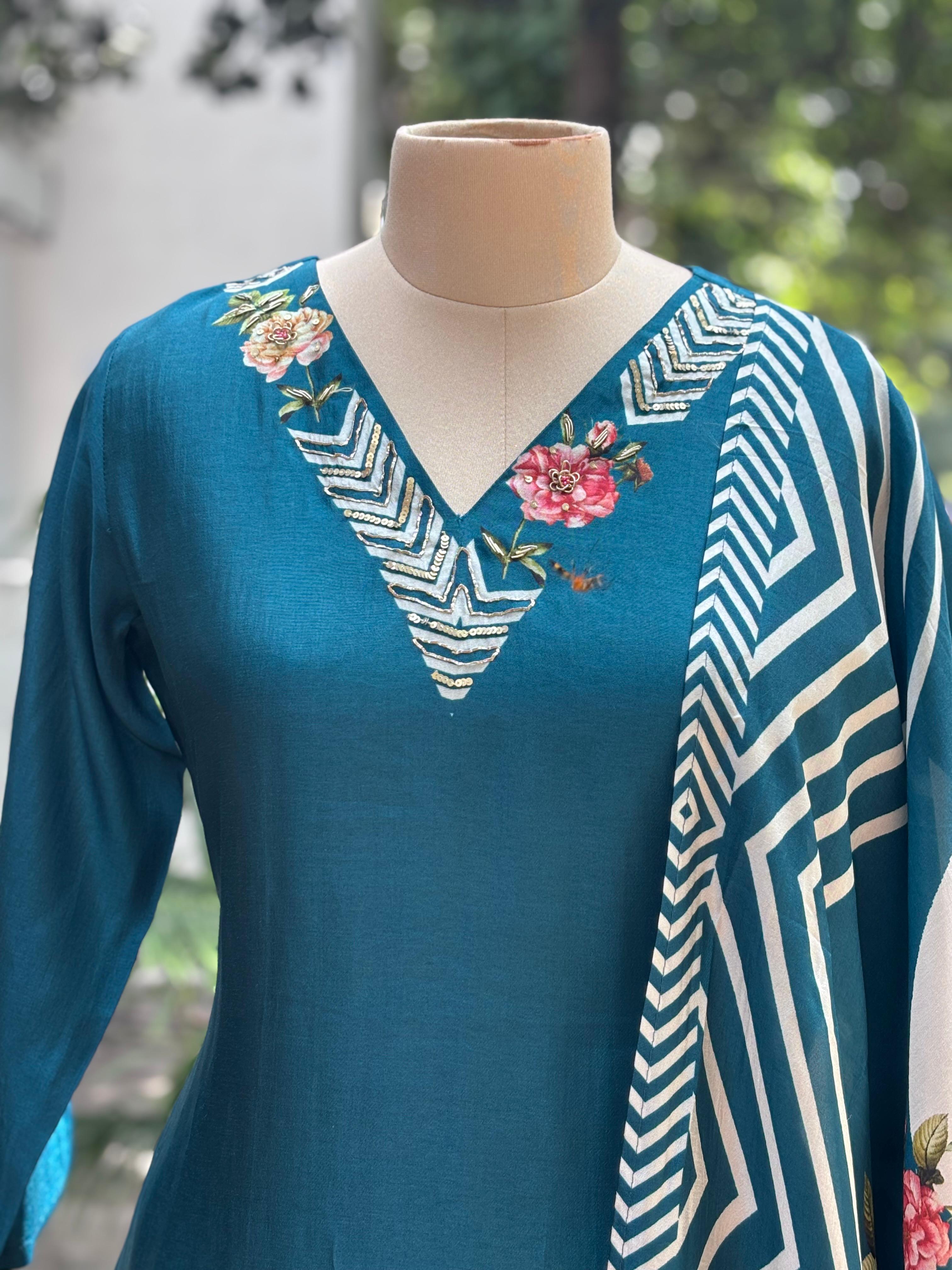 Digital Floral Print V-Necked A-Line Full Suit Set With Dupatta In Russian Silk Fabric- 11572